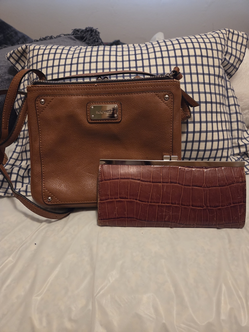 Nine West Tan Leather Crossbody Bag with Brown Croc-Textured Wallet